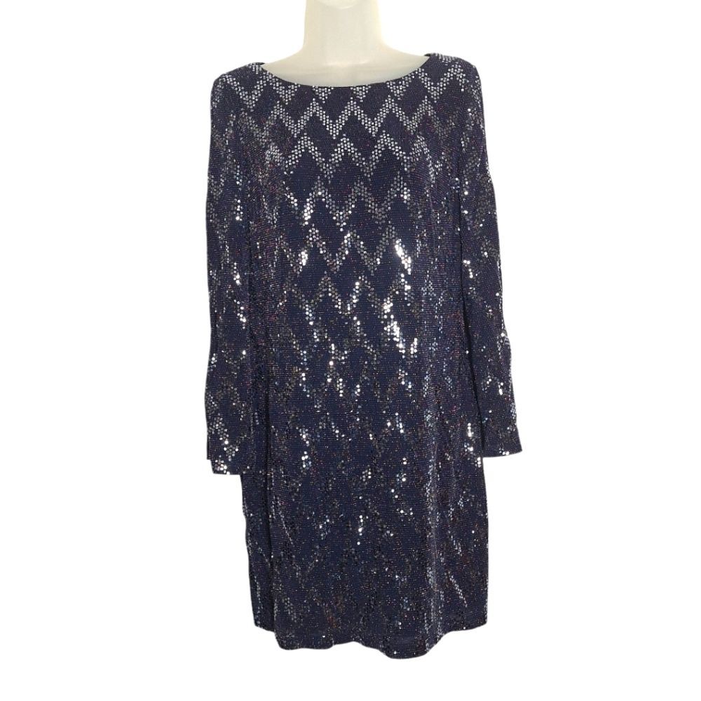Jessica Howard Faux Sequin Dress Bell Sleeve Cold Shoulder Navy Silver Medium